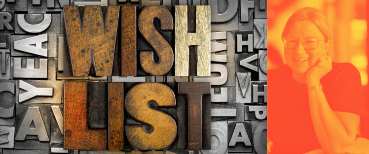 Kombination aus Typografie „WISH LIST“ und Petra Staudenmaier in warmem Licht – Symbol für Klarheit, Intuition und persönliche Ausrichtung